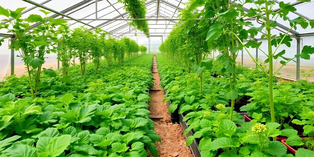 Une serre avec des légumes bien organisés.