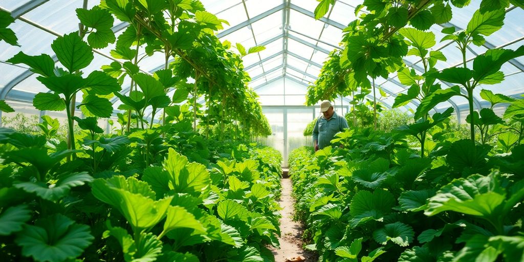 Serre avec légumes en pleine croissance.