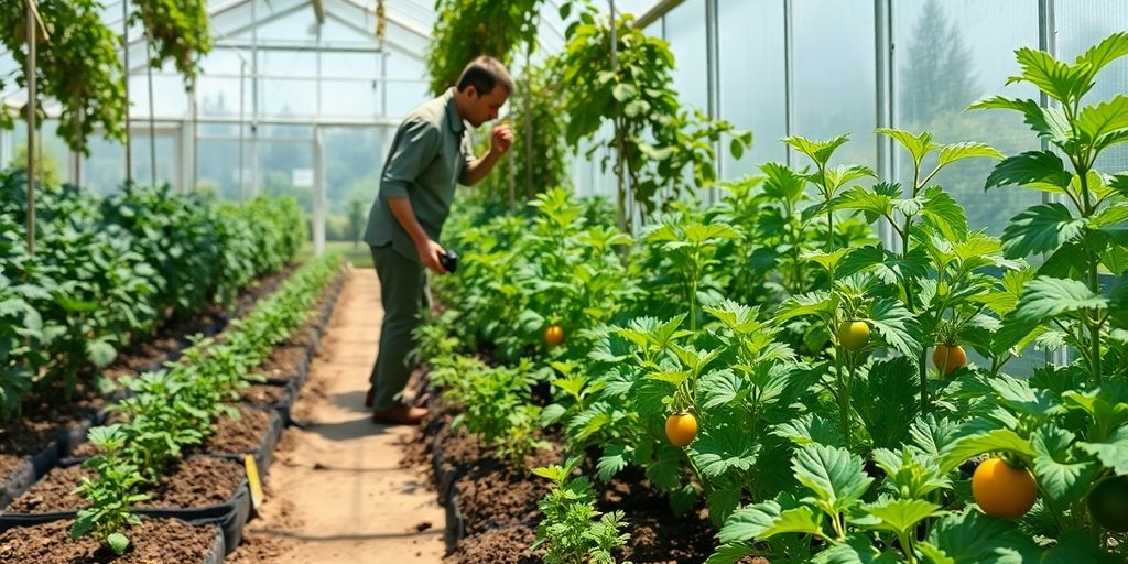 Serre avec des légumes en pleine croissance.