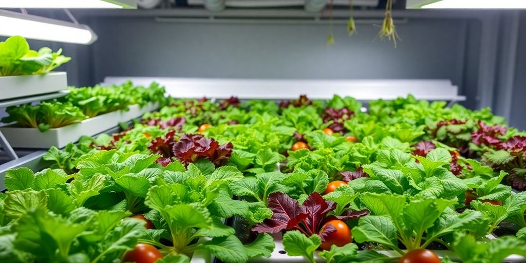 Jardin hydroponique avec des légumes frais et colorés.