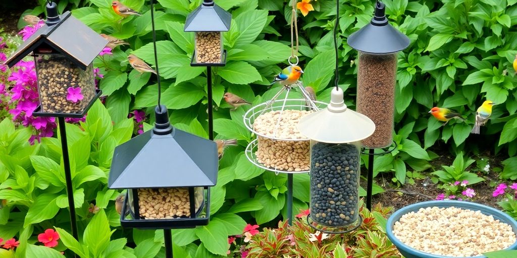 Plantes et mangeoires à oiseaux dans un jardin.