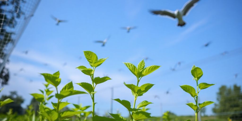 Jeunes pousses protégées par un filet contre les oiseaux.