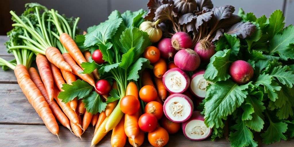 Assortiment de légumes précoces et tardifs fraîchement récoltés.