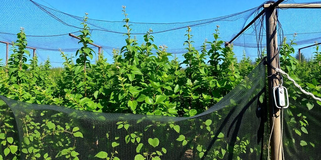 Jardin avec des filets et des barrières contre les oiseaux.