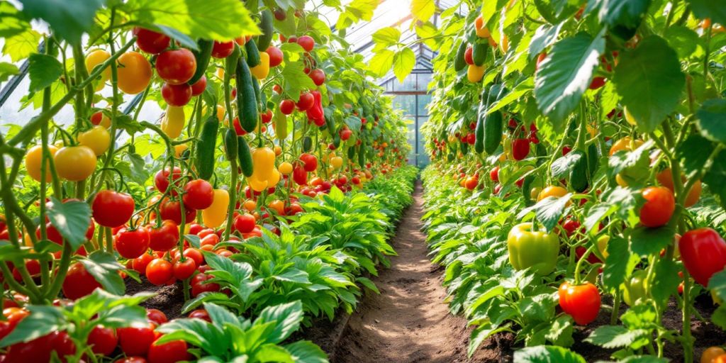 Serre avec légumes variés en pleine croissance.