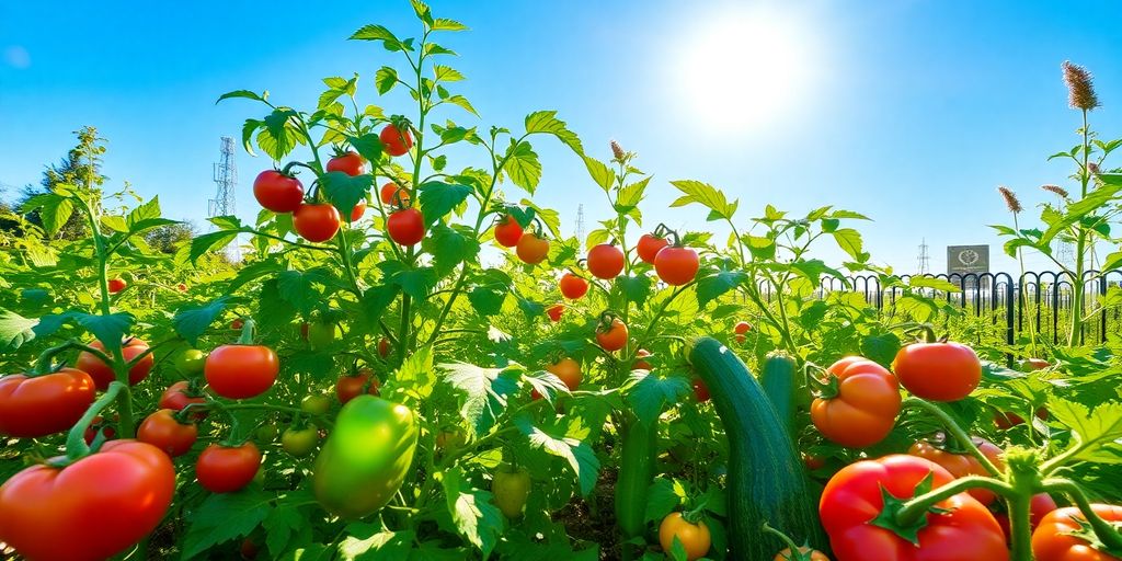 Jardin avec légumes ensoleillés comme tomates et poivrons.