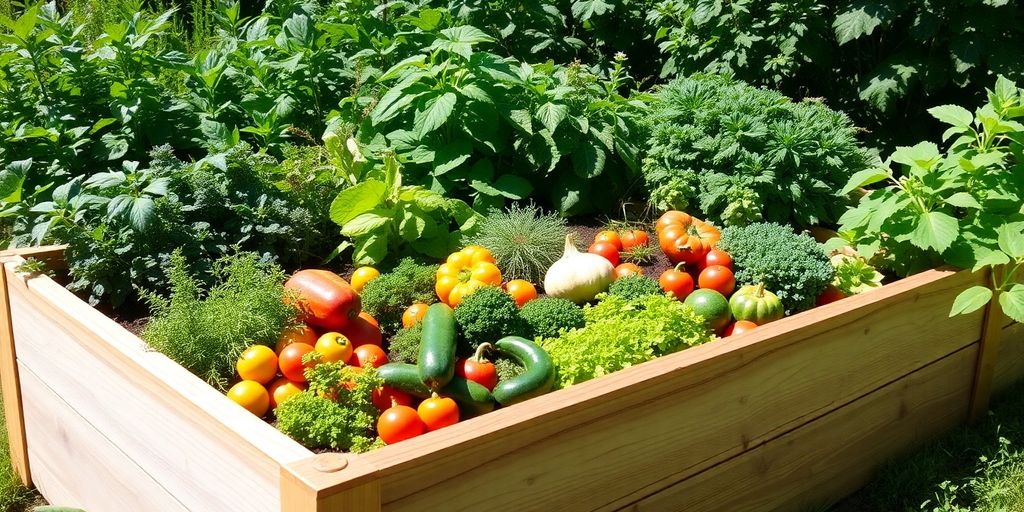 Un jardin potager surélevé avec des légumes et des herbes.