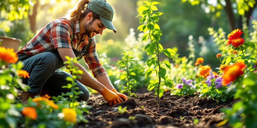 Un jardinier plantant des arbres dans un jardin verdoyant.