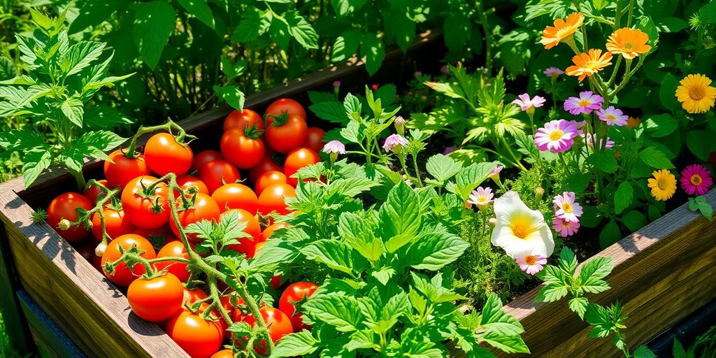 Un potager surélevé avec des légumes et des herbes.