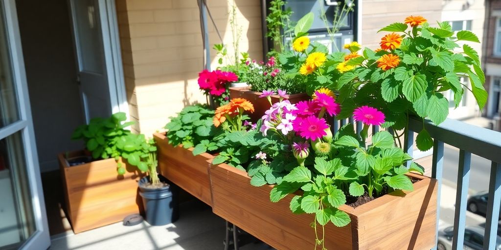 Jardin potager surélevé sur un balcon avec des légumes.