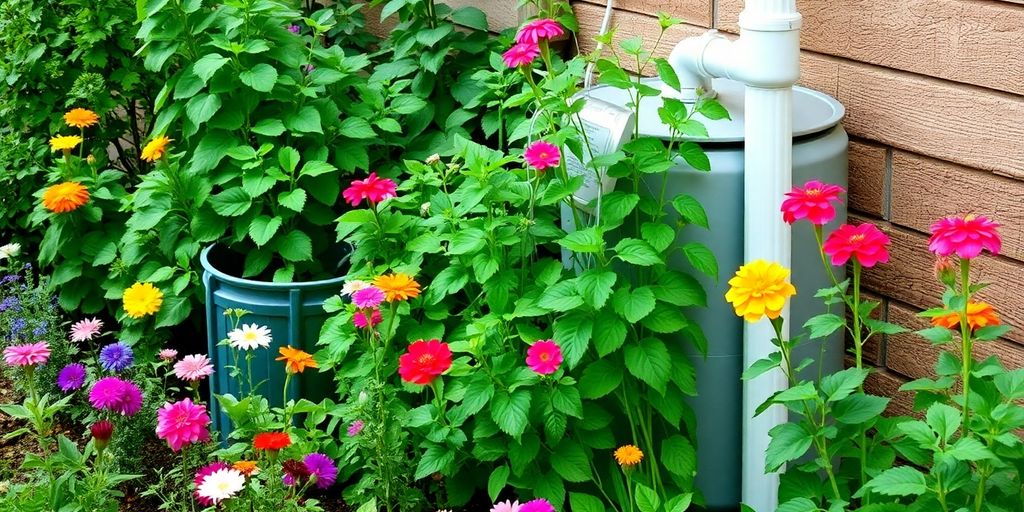 Système de collecte d'eau de pluie dans un jardin.