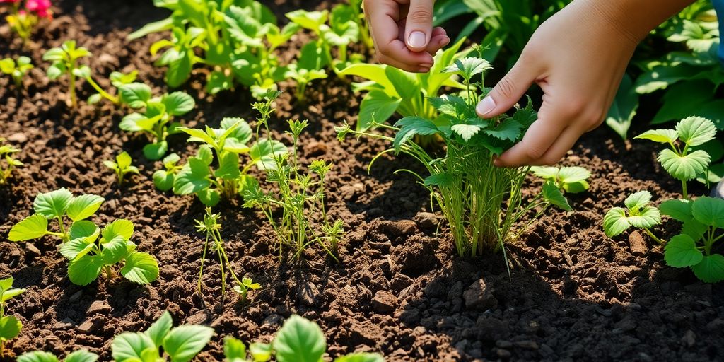 Des mains retirant des mauvaises herbes dans un jardin.