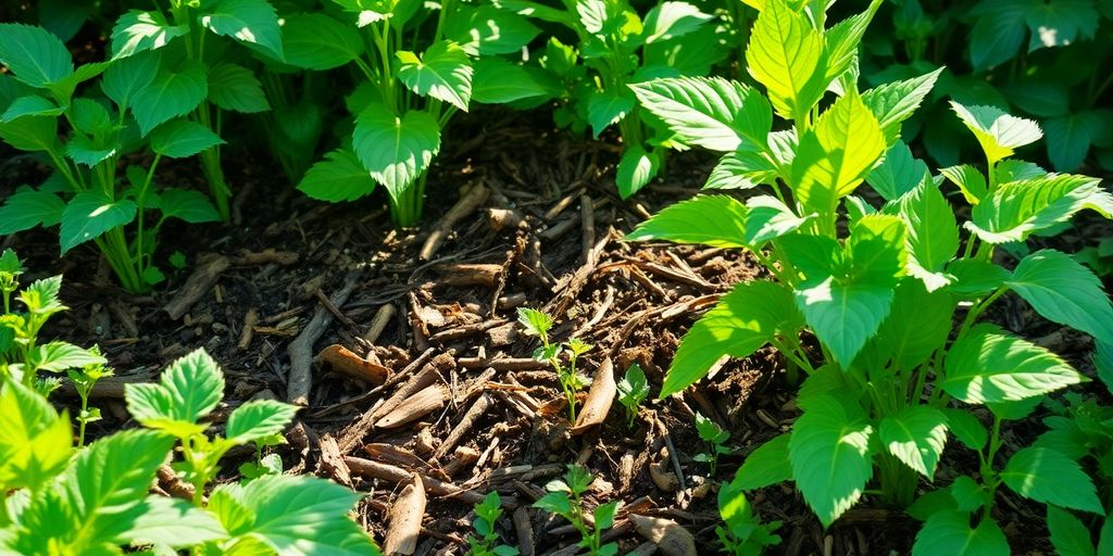 Jardin avec compost sain et plantes luxuriantes.