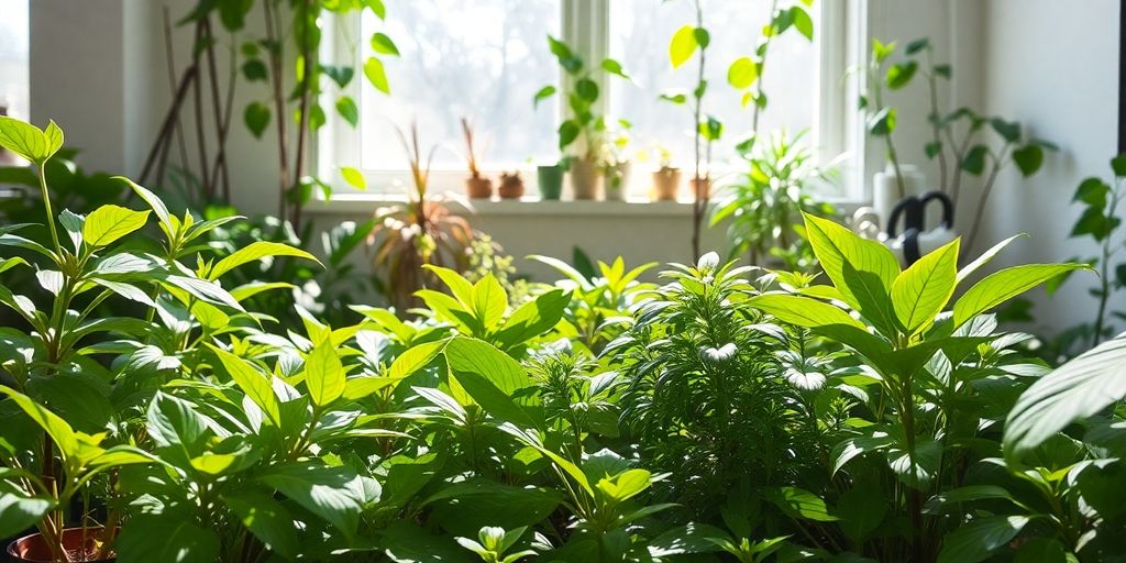 Plantes d'intérieur sous lumière naturelle.