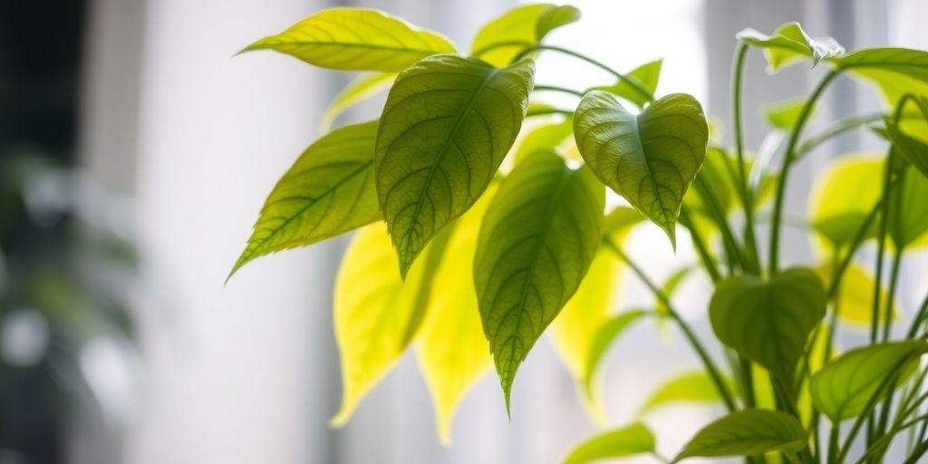 Plante d'intérieur flétrie avec des feuilles jaunies.