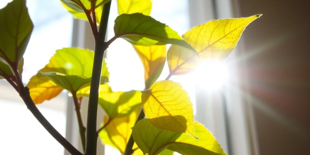 Plante flétrie avec des feuilles jaunies sous la lumière.