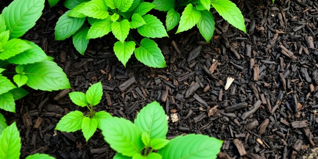 Paillage de jardin avec plantes vertes luxuriantes.