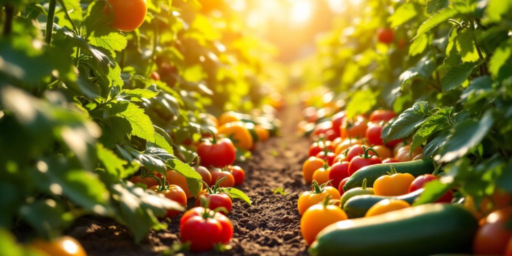 Légumes colorés sous le soleil dans un jardin.