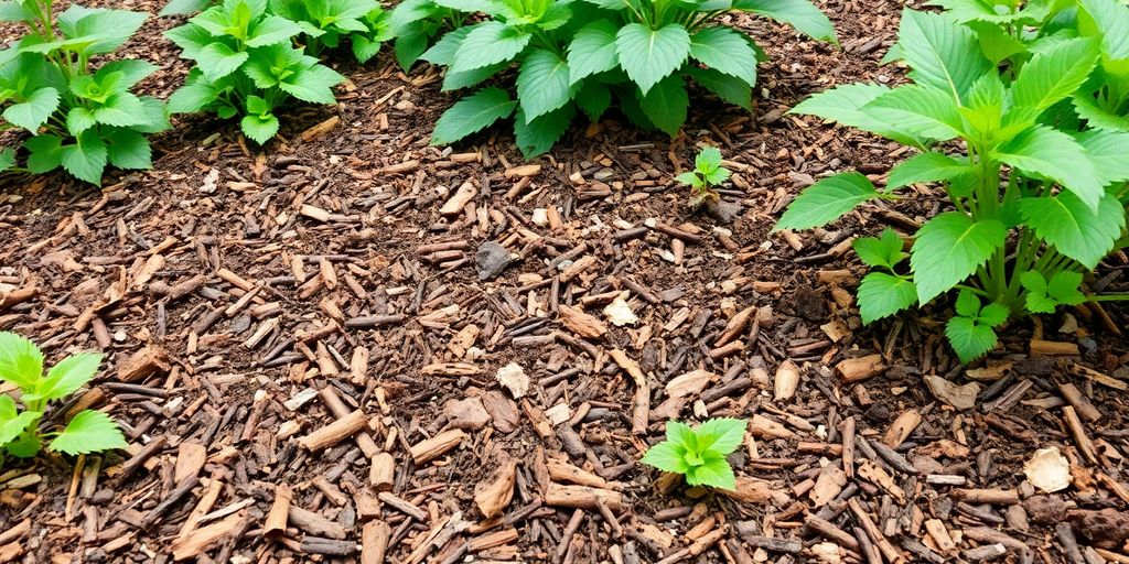 Sol paillé avec plantes saines autour.