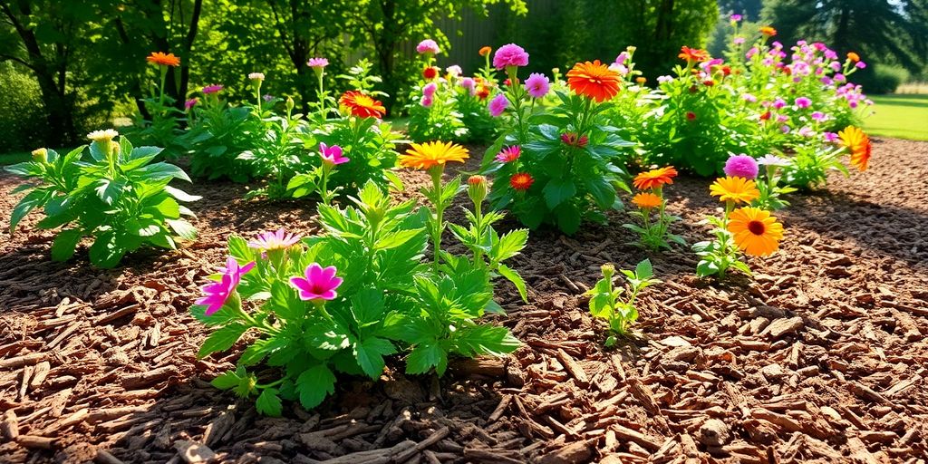 Jardin bien entretenu avec paillage coloré et plantes saines.