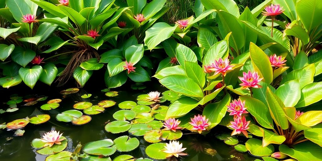 Jardin aquatique avec plantes tropicales colorées.