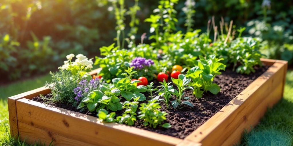 Un jardin potager surélevé avec des légumes et herbes.