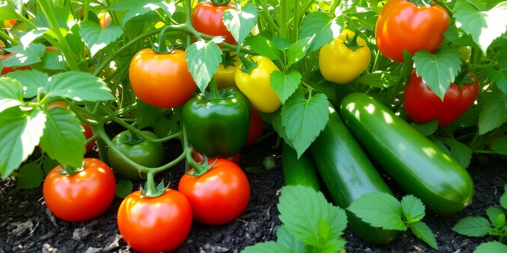 Jardin avec légumes fruits colorés et feuillage verdoyant.