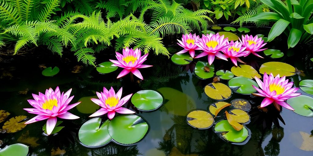 Jardin aquatique avec nénuphars et plantes flottantes.