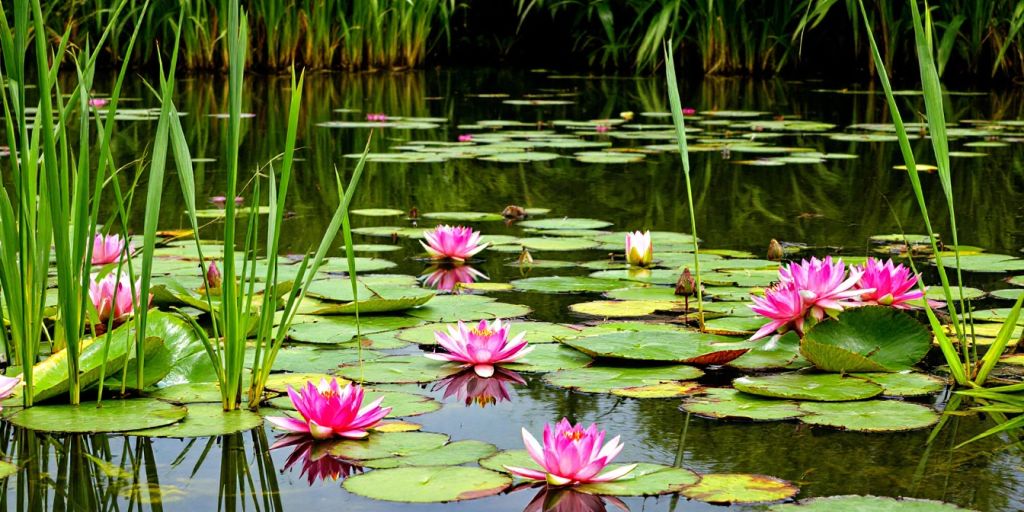 Jardin aquatique avec nénuphars et lotus colorés.