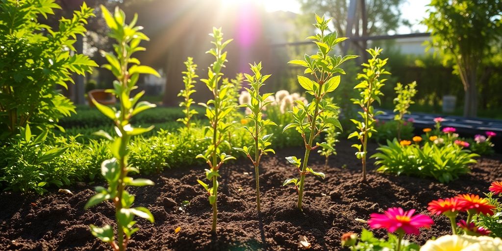 Des jeunes arbres plantés dans un jardin verdoyant.