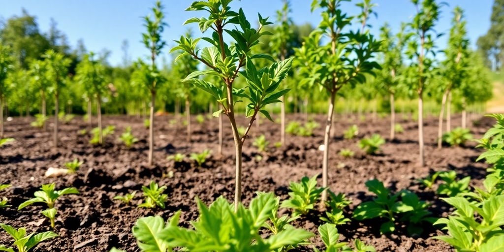 Arbres fraîchement plantés dans un jardin verdoyant.