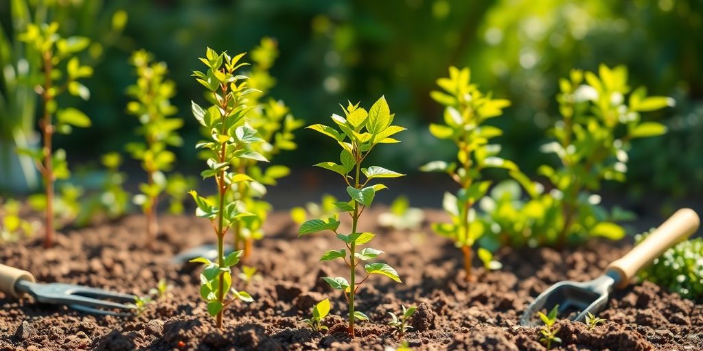 Des jeunes arbres plantés dans un jardin verdoyant.