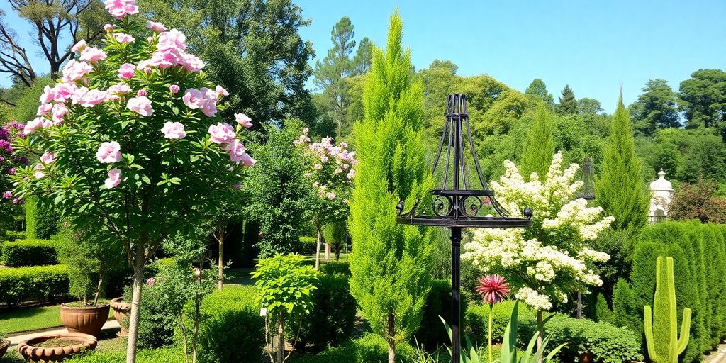 Différents arbres plantés dans un jardin.