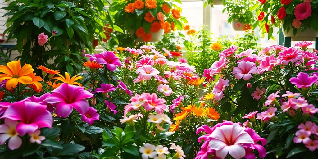 Plantes fleuries dans un jardin d'intérieur.