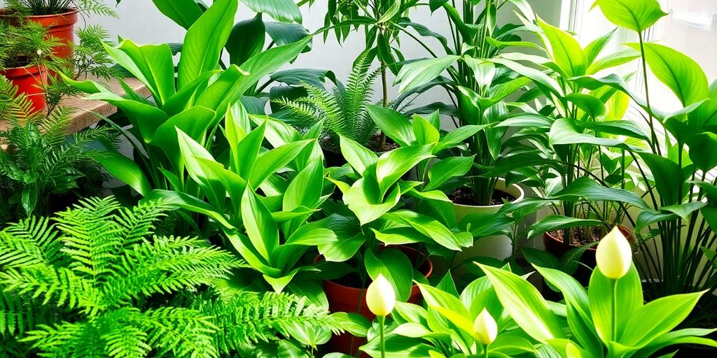 Plantes vertes pour pièces humides dans un jardin intérieur.