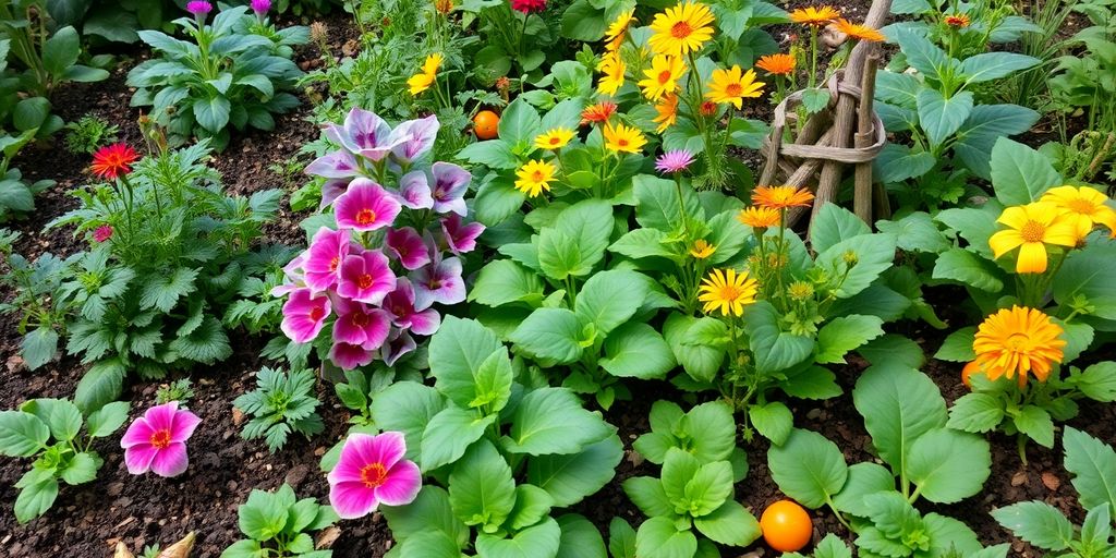 Un jardin biologique avec des plantes et des fleurs colorées.