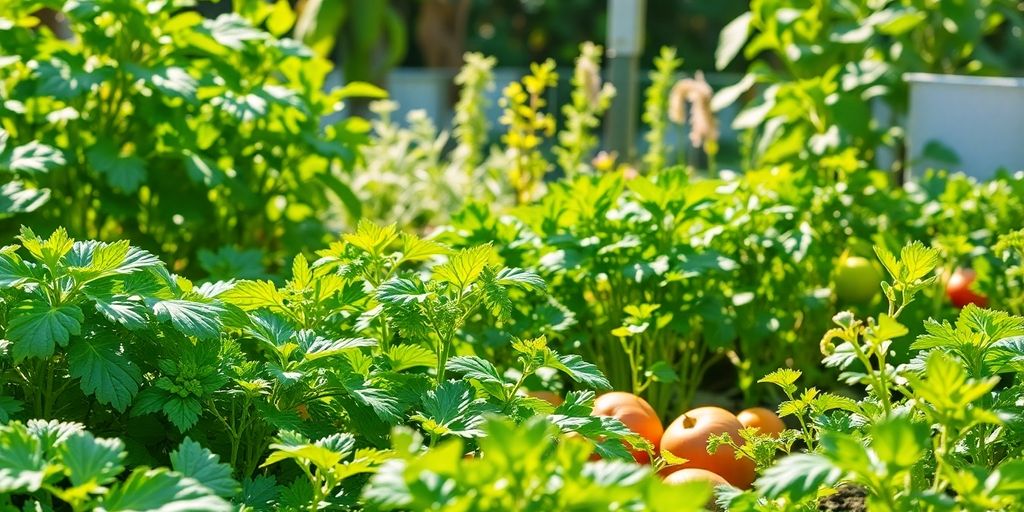 Jardin biologique avec légumes et herbes luxuriants.