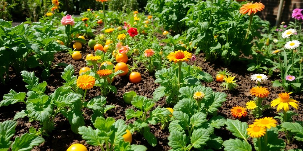 Jardin biologique avec légumes et fleurs colorés.