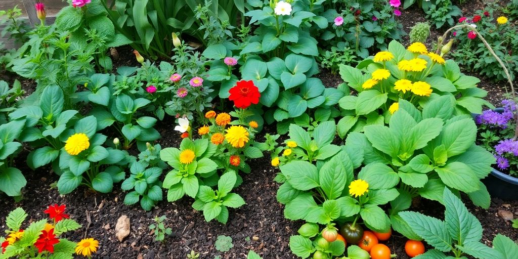 Jardin biologique avec plantes et légumes variés.