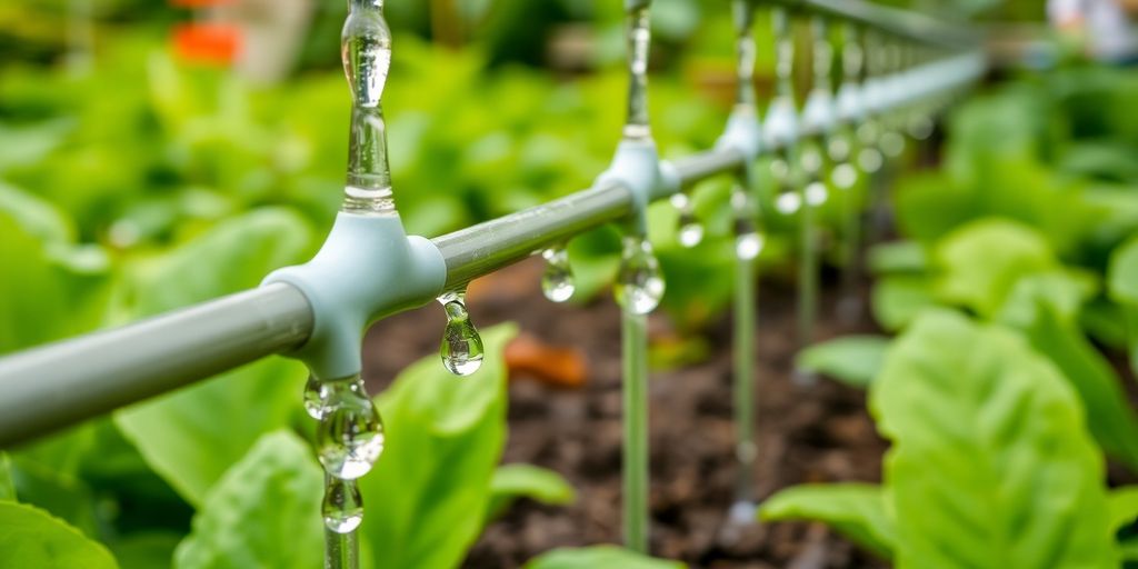 Système d'irrigation goutte à goutte dans un jardin.