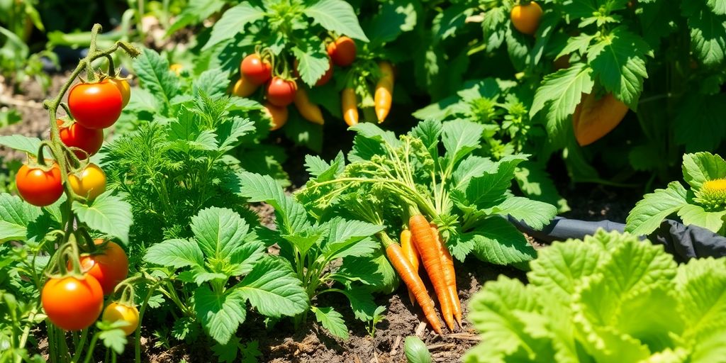 Jardin avec légumes en pleine croissance.