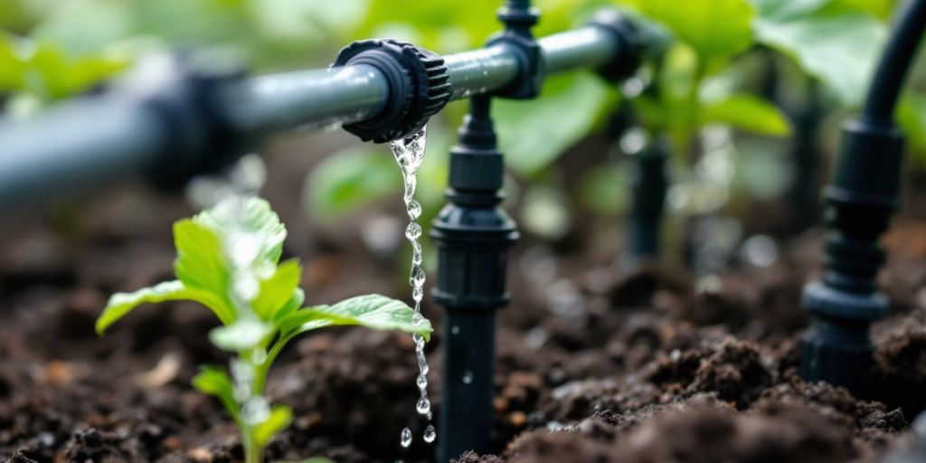 Système d'irrigation goutte à goutte dans un jardin.