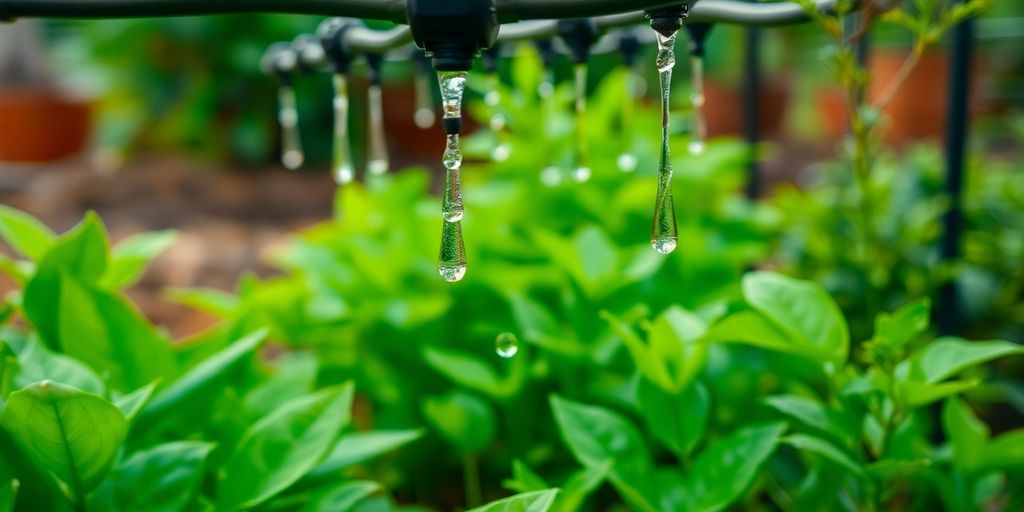 Système d'irrigation goutte à goutte dans un jardin.