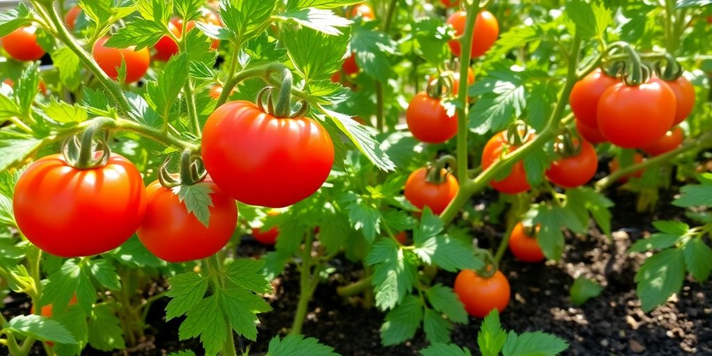 Différentes variétés de tomates dans un jardin ensoleillé.