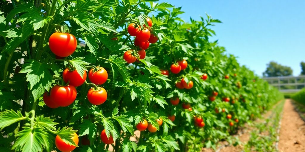 Plantes de tomates avec fruits rouges et feuilles vertes.