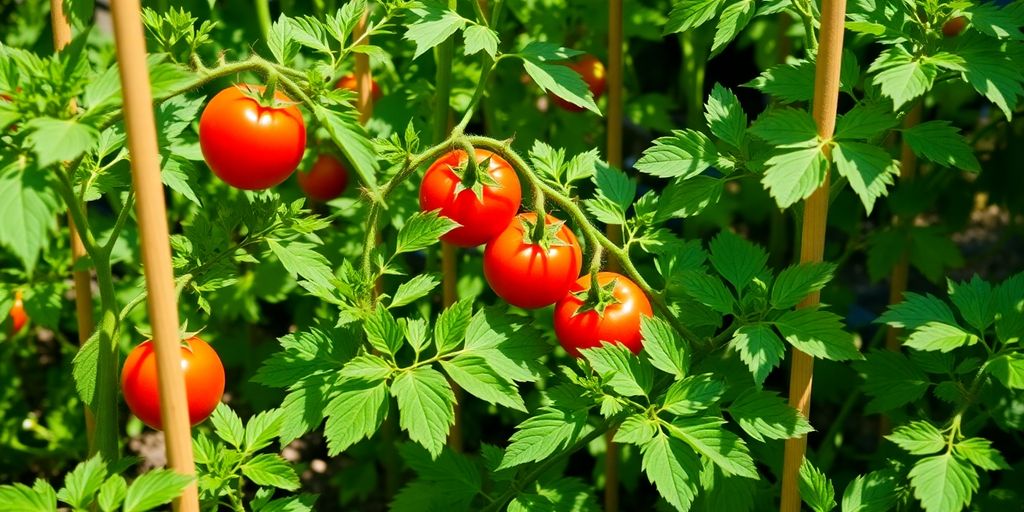 Plantes de tomates bien taillées et tuteurées dans un jardin.