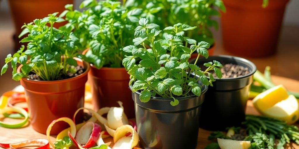 Herbes aromatiques cultivées avec des restes de cuisine.