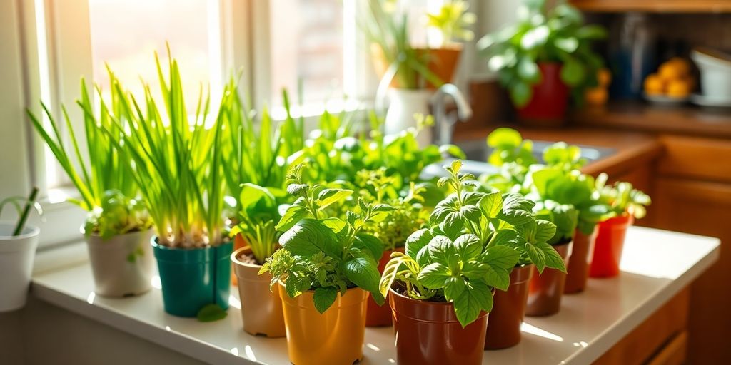 Jardin de cuisine avec des légumes sur un rebord de fenêtre.