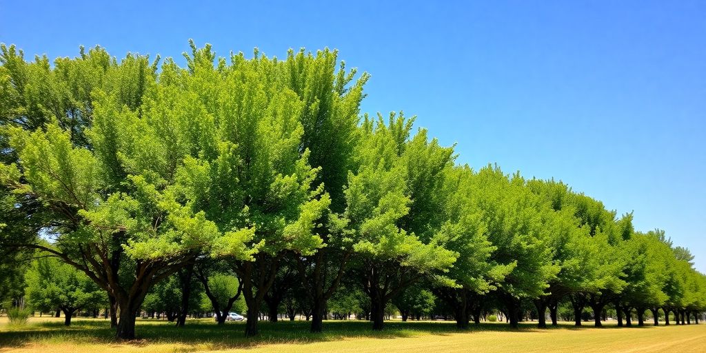 Ligne d'arbres protégeant des plantes des vents forts.