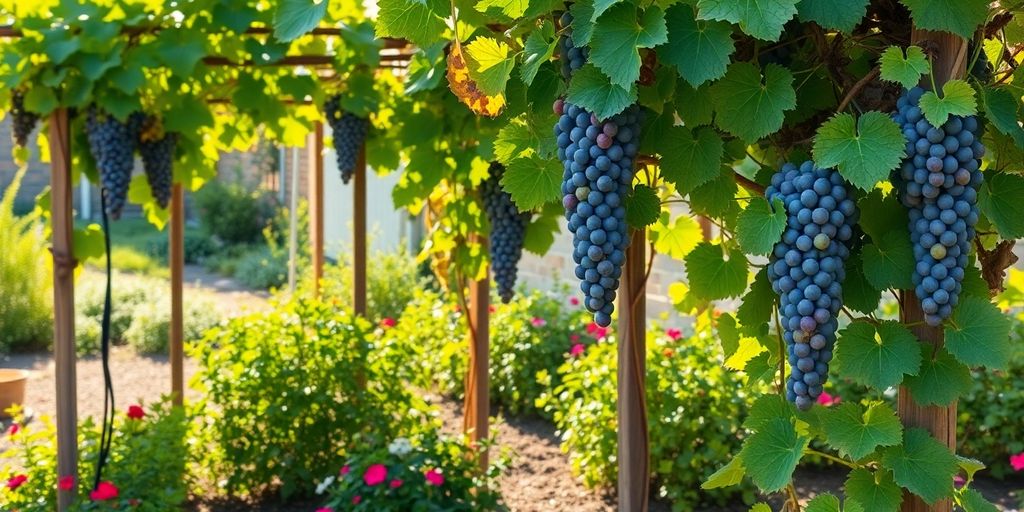 Jardin avec des vignes et des fleurs colorées.